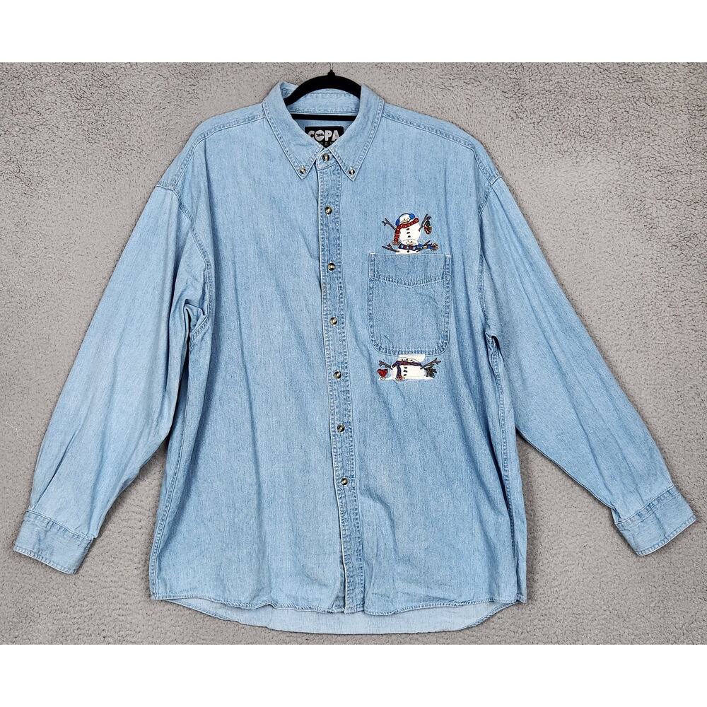 COPA BANANA Top Womens XL Blue Shirt Cottagecore Embroidered Snowman Winter